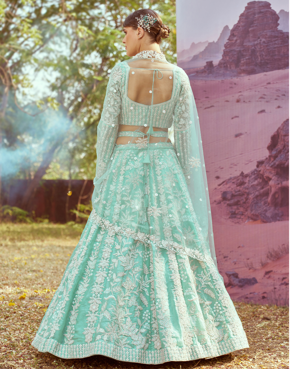 Sea Green Organza Lehenga Choli with Sequins Embroidery & Dupatta Elegant Bridal & Party Wear