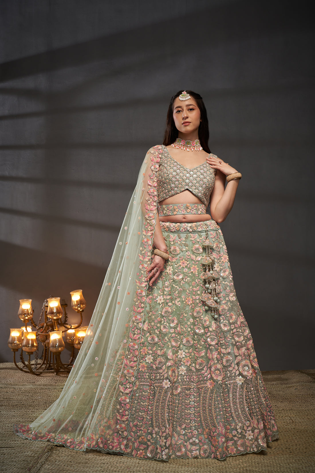 Seagreen Georgette Sequins And Thread Work Lehenga Choli And Dupatta..
