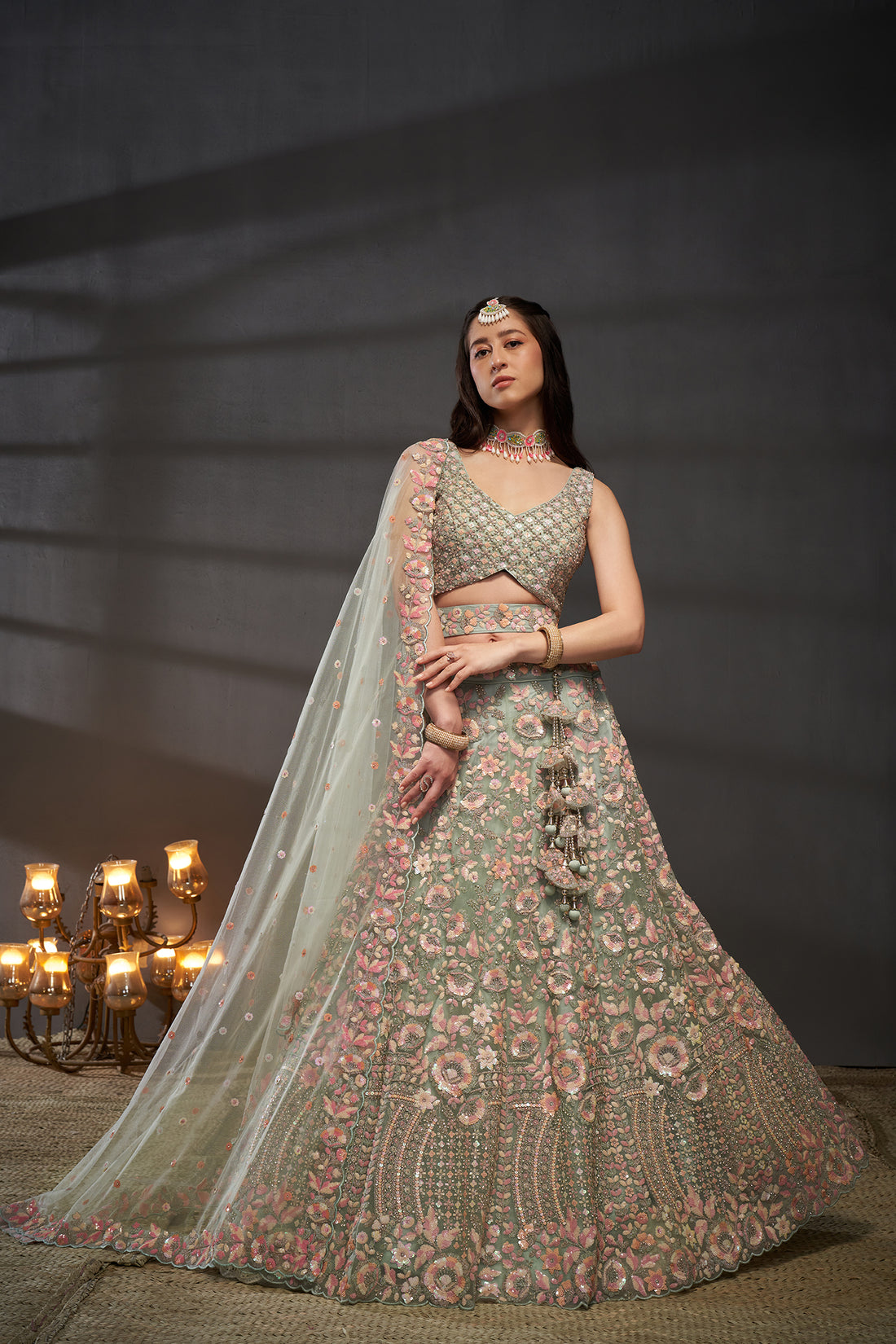 Seagreen Georgette Sequins And Thread Work Lehenga Choli And Dupatta..