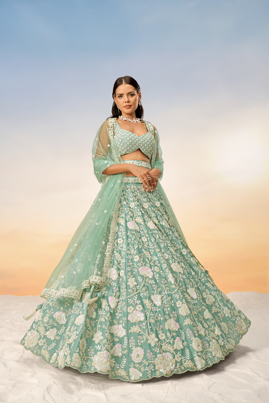 Seagreen Georgette Sequins And Thread Work Lehenga Choli And Dupatta.