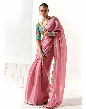 Sequin Embroidered Pink Tissue Organza Saree Party & Wedding Wear