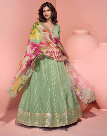 Serene Elegance Light Green Viscose Jacquard Silk Designer 3-Piece Set
