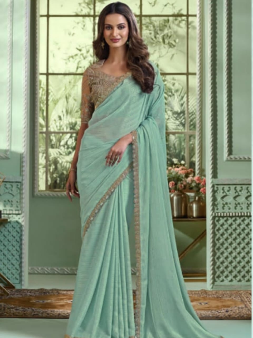 Serene Elegance Sea Green Pure Chiffon Saree - Rent