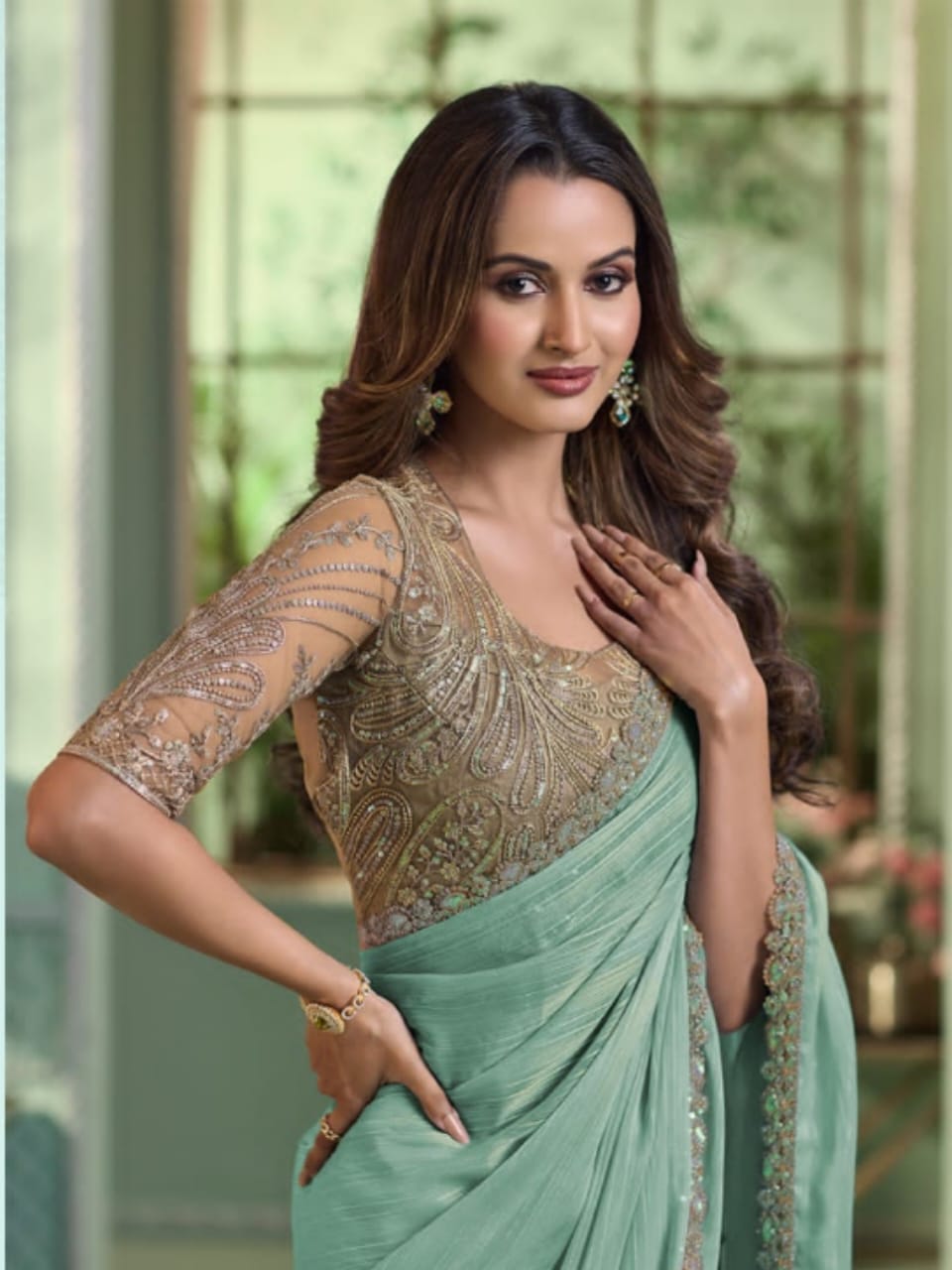 Serene Elegance Sea Green Pure Chiffon Saree - Rent