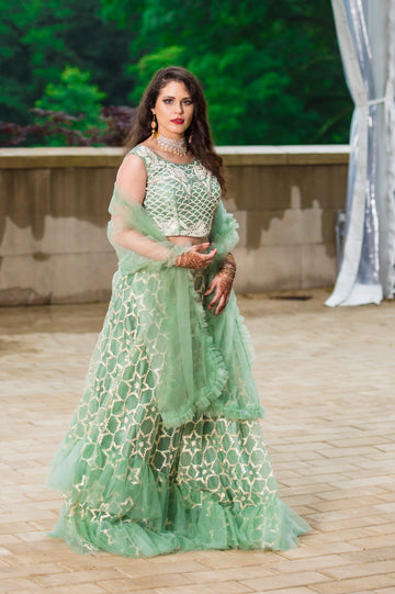 Serene Sage Light Green Net Lehenga Choli Ensemble - Rent