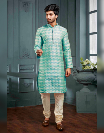 Serene Sea Green Self Woven Art Silk Kurta Set Perfect Blend of Tradition and Grace