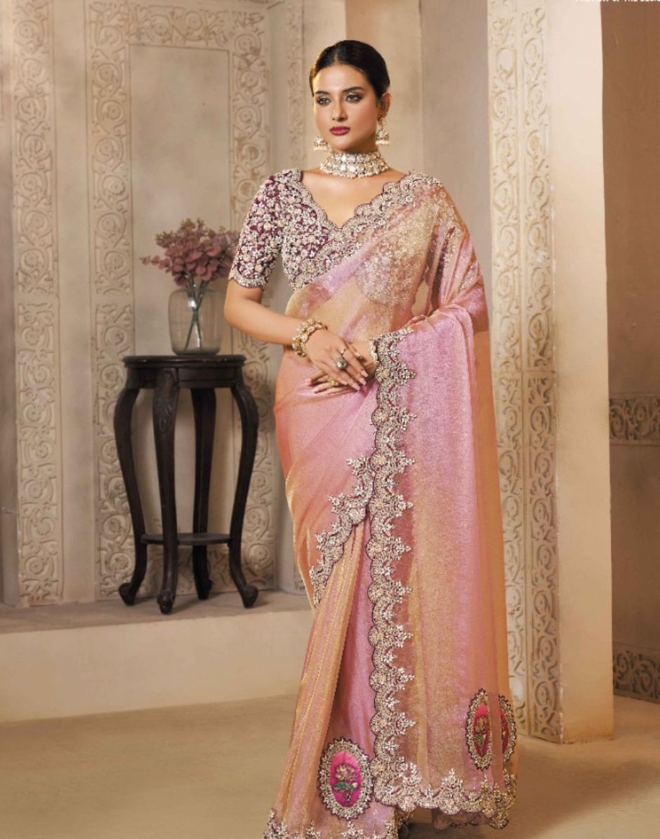 Shimmering Pink Zari Organza Saree Sequins & Handcrafted Stones with Satin Blouse - Buy