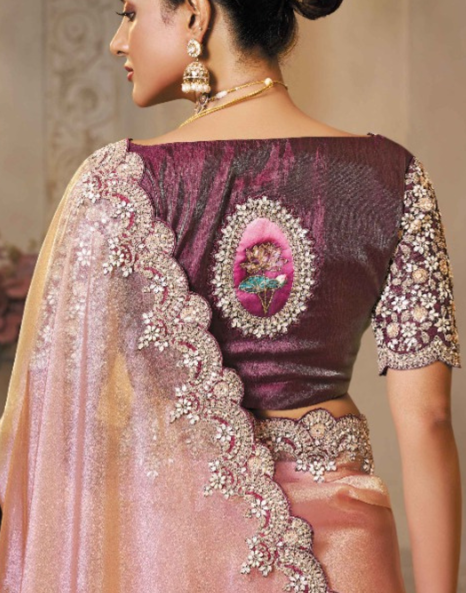 Shimmering Pink Zari Organza Saree Sequins & Handcrafted Stones with Satin Blouse - Buy_1
