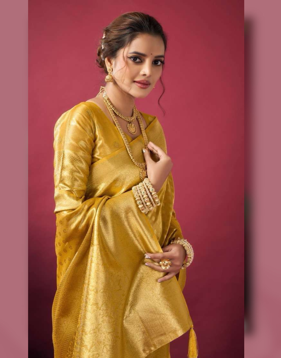 Shimmering Self-Woven Tissue Silk Saree and Blouse Set with Tassel Border Timeless Ethnic Charm - Buy