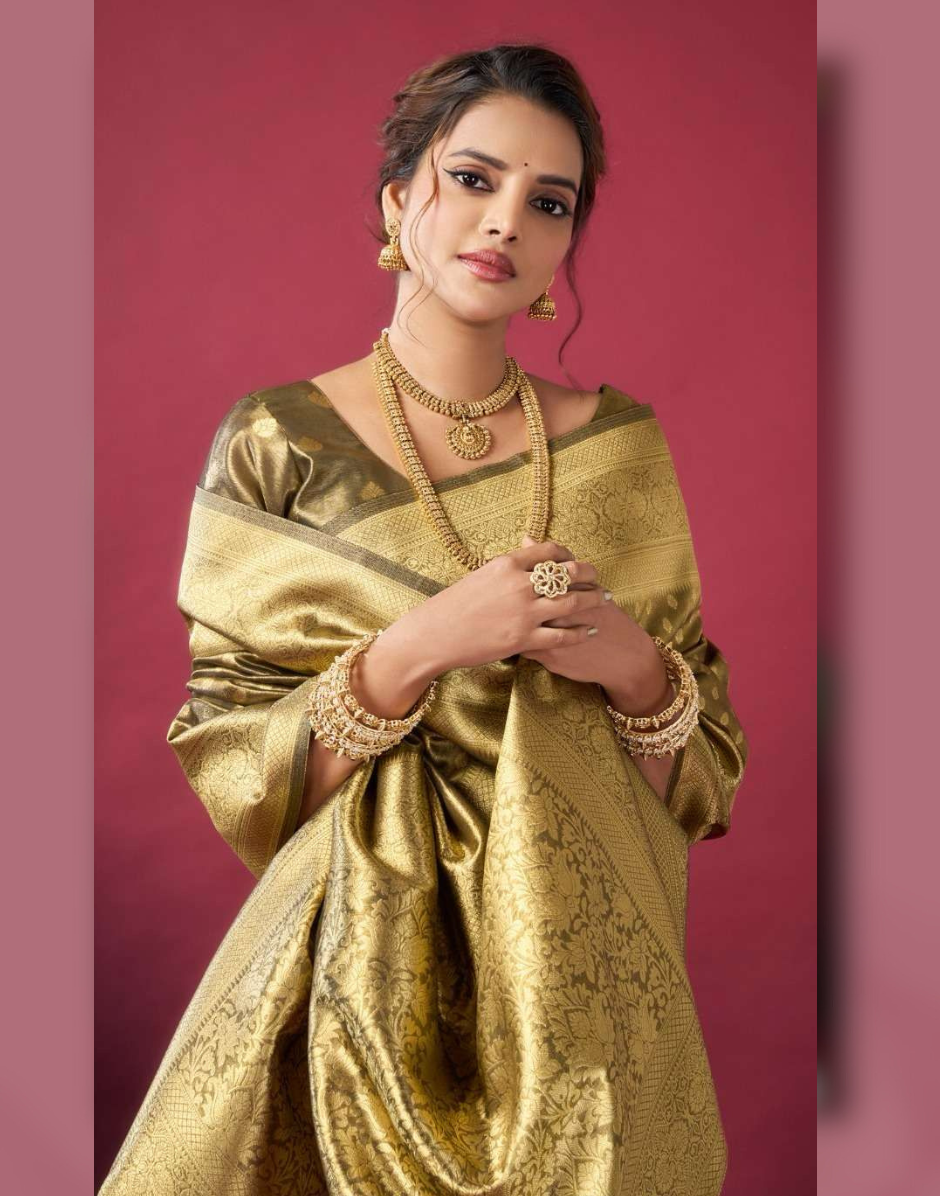 Shimmering Self-Woven Tissue Silk Saree and Blouse Set with Tassel Border Timeless Ethnic Charm - Buy_3