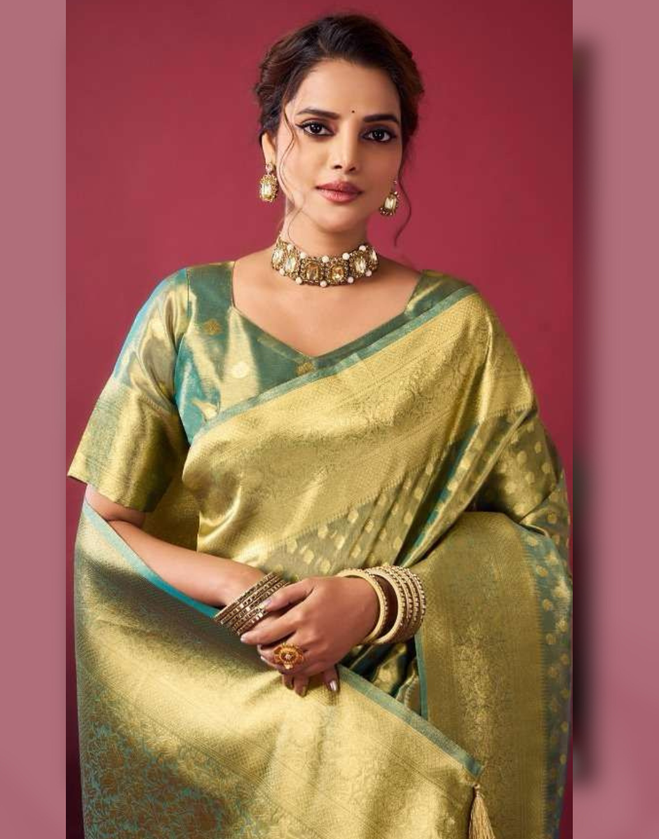 Shimmering Self-Woven Tissue Silk Saree and Blouse Set with Tassel Border Timeless Ethnic Charm - Buy_7