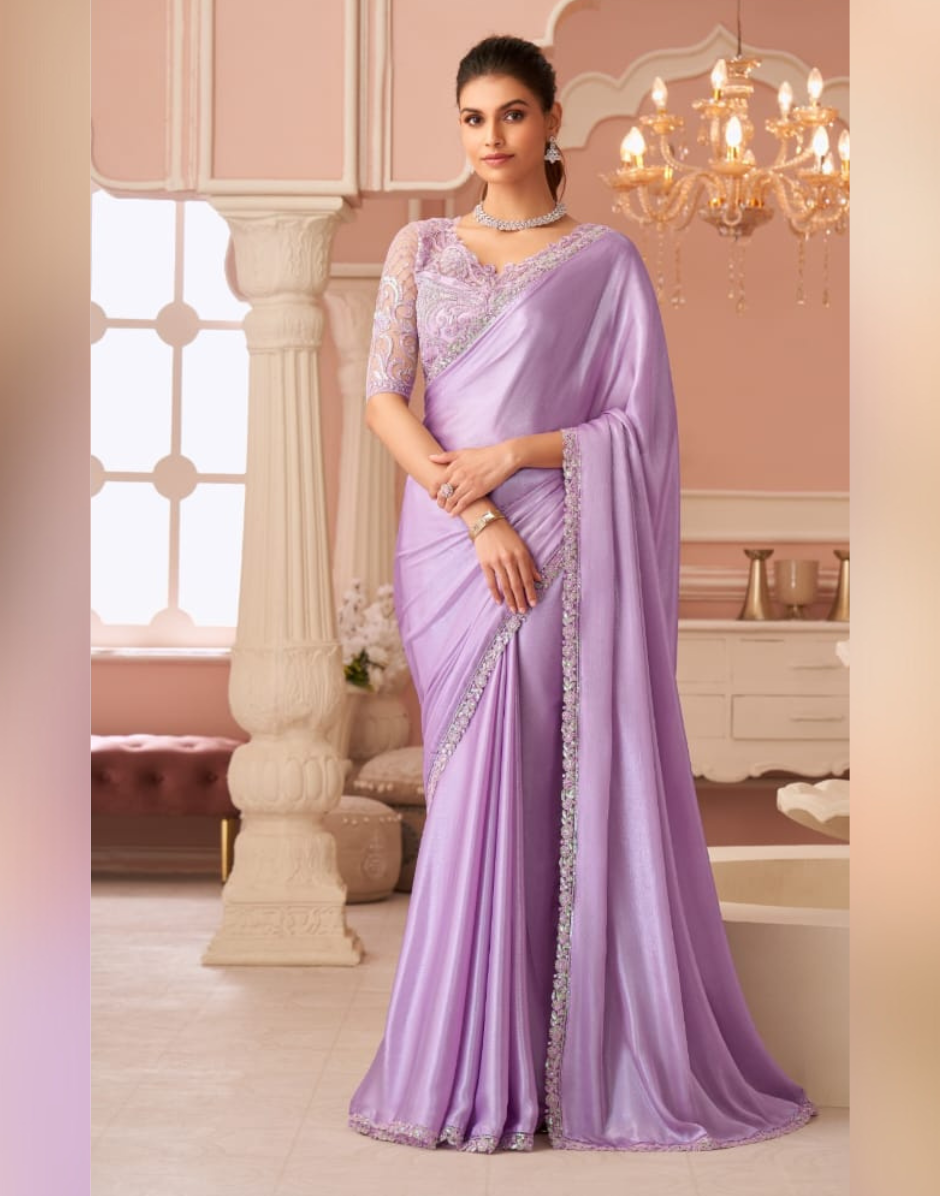 Shimmering Silver Chiffon Saree Ethereal Look for Special Occasions - Buy Purple / L Shimmering Silver Chiffon Saree Ethereal Look for Special Occasions - Buy Purple / L