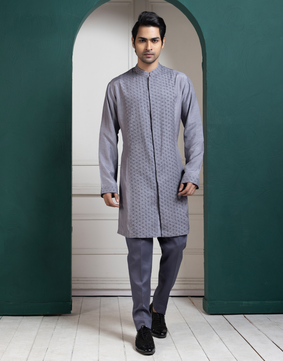 Silver Intricate Embroidered Kurta Masterpiece of Elegance and Detail