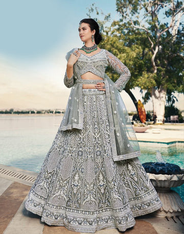Silver Mist: Grey Sequins Embroidered Lehenga Choli Set with Dupatta