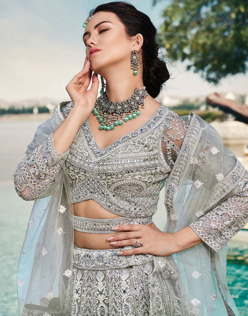 Dress Earrings On Grey Lehenga Grey Sequins Embroidered Soft Net Wedding Lehenga Choli Dress Earrings On Grey Lehenga Grey Sequins Embroidered Soft Net Wedding Lehenga Choli