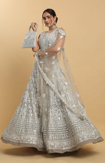Silver Net Chandra Kiran Embroidered Lehenga Set - Rent