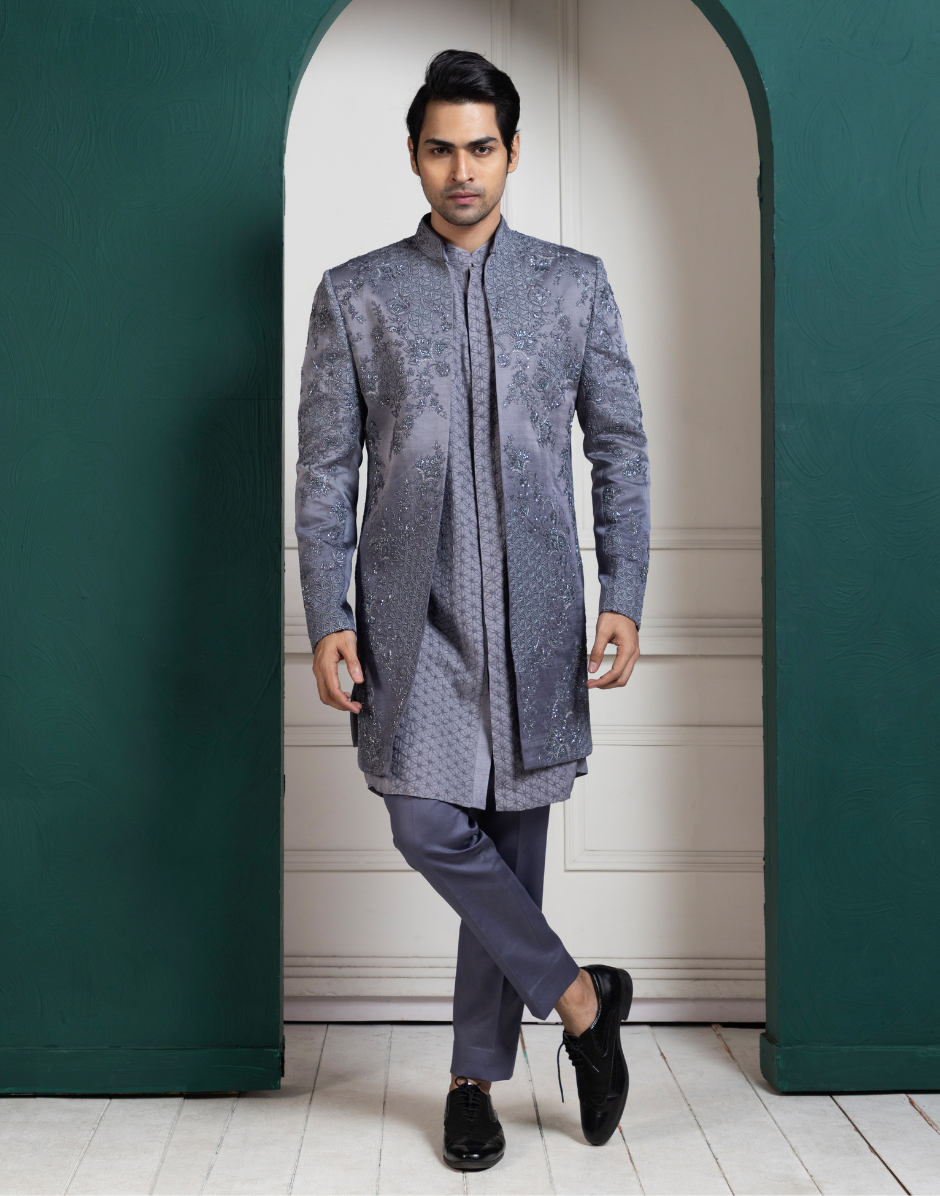 Silver Regal Craftsmanship Intricate Embroidered Sherwani and Kurta Set