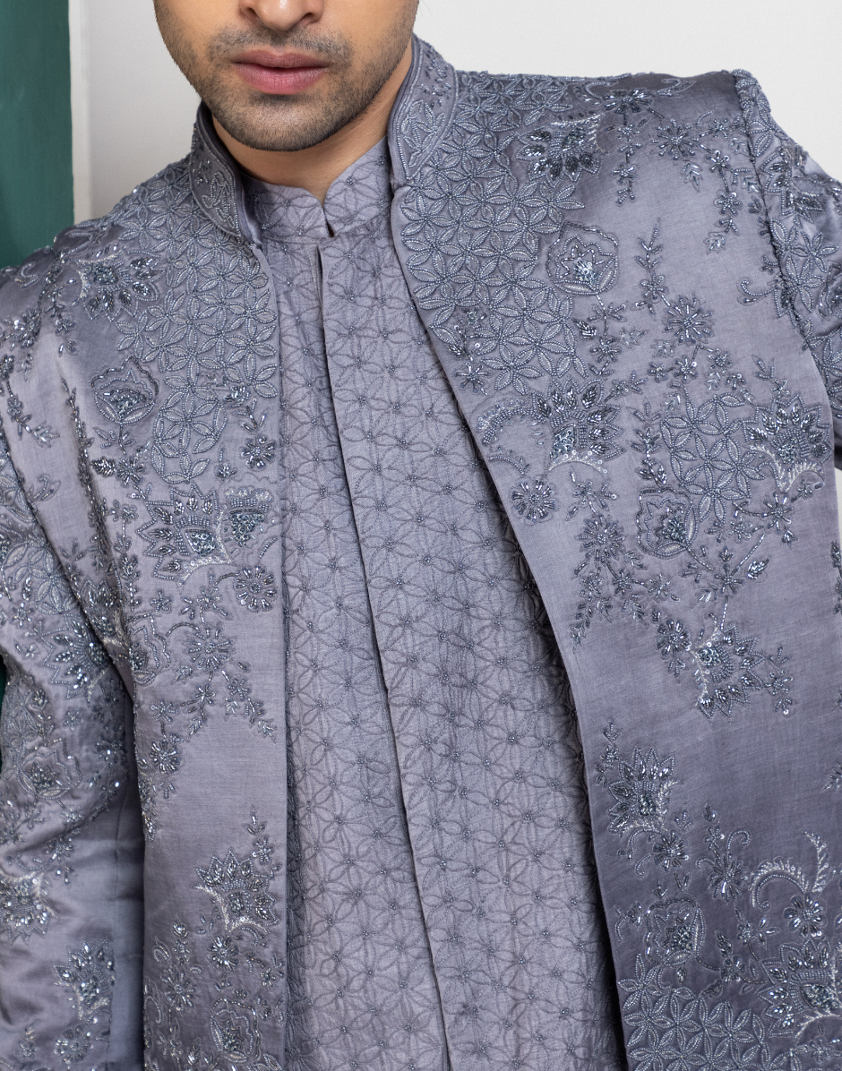 Silver Regal Craftsmanship Intricate Embroidered Sherwani and Kurta Set