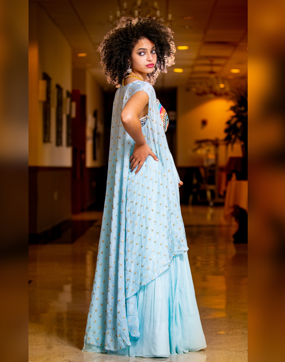 Sky Blue Ethnic Fusion Set Embroidered Top, Flowing Skirt & Jacket_1