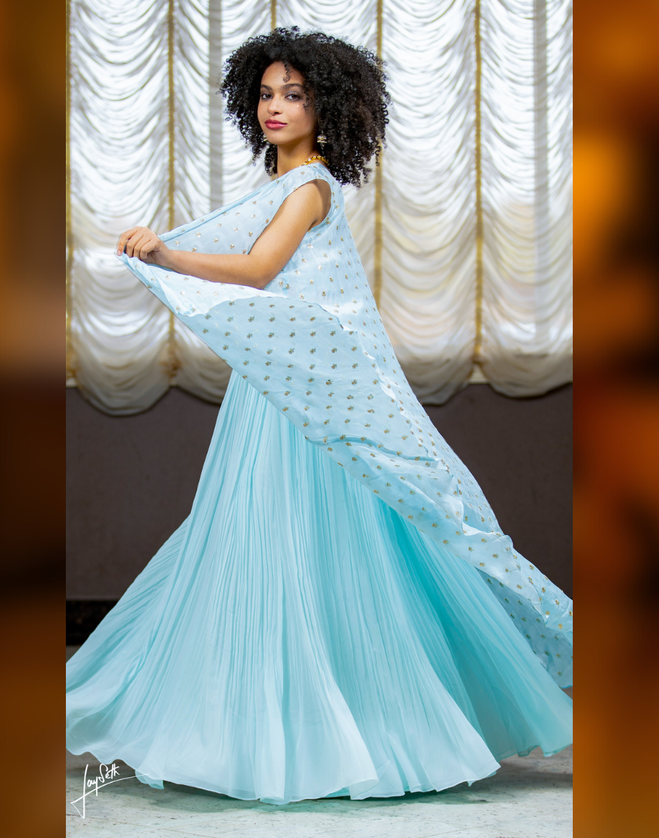 Sky Blue Ethnic Fusion Set Embroidered Top, Flowing Skirt & Jacket_3