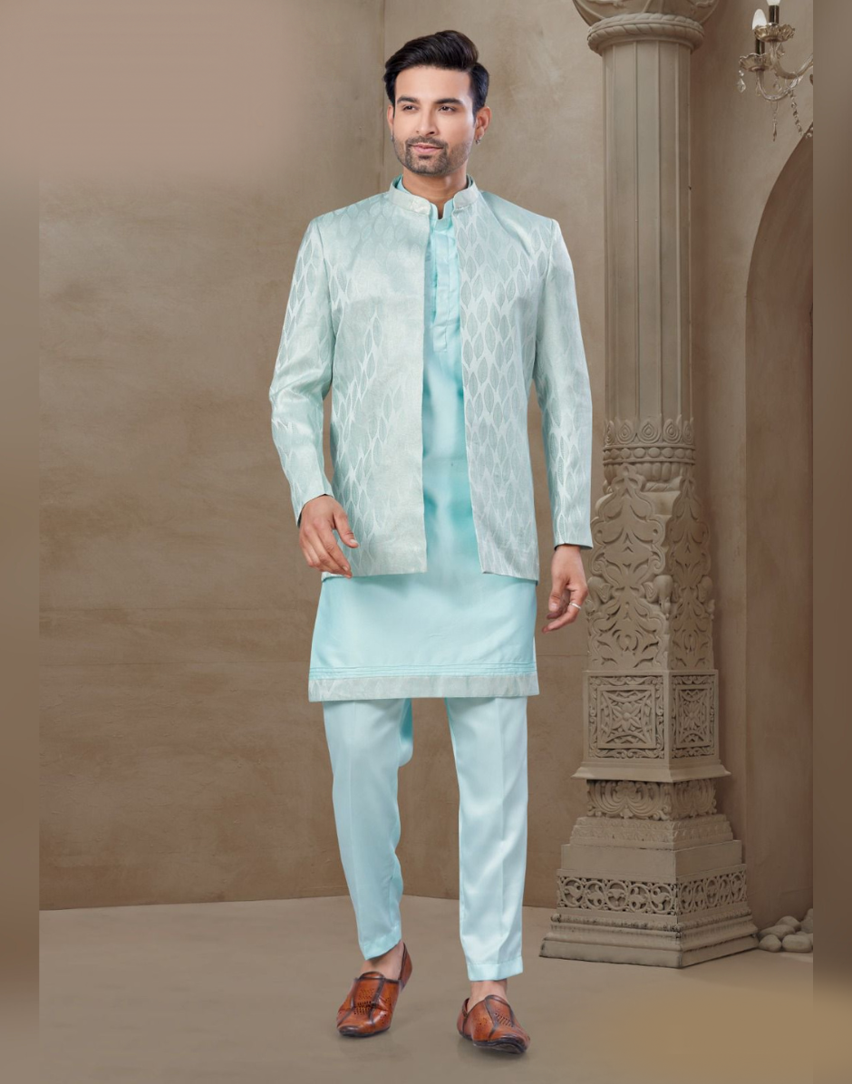 Sky Blue Jacquard Silk Kurta Set for Men Floral Print with Coordinated Jacket