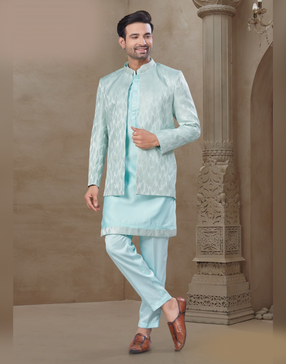 Sky Blue Jacquard Silk Kurta Set for Men Floral Print with Coordinated Jacket_1