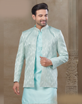 Sky Blue Jacquard Silk Kurta Set for Men Floral Print with Coordinated Jacket_2