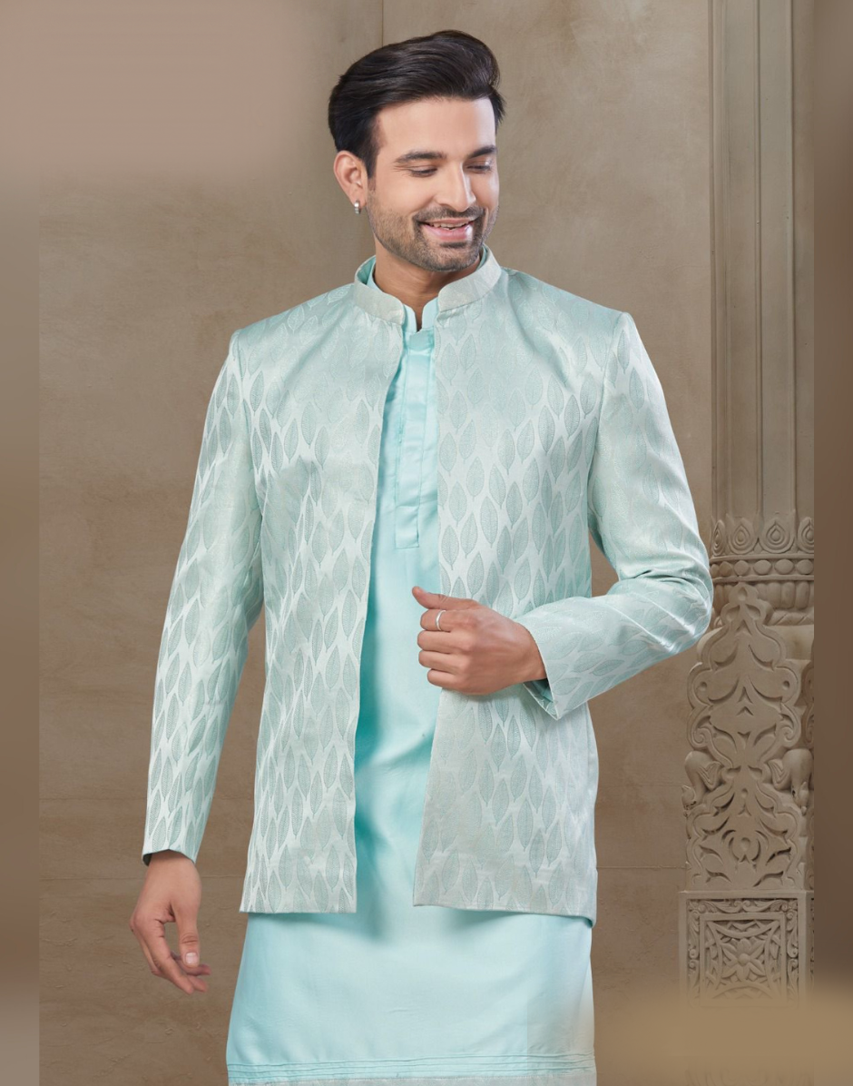 Sky Blue Jacquard Silk Kurta Set for Men Floral Print with Coordinated Jacket_2