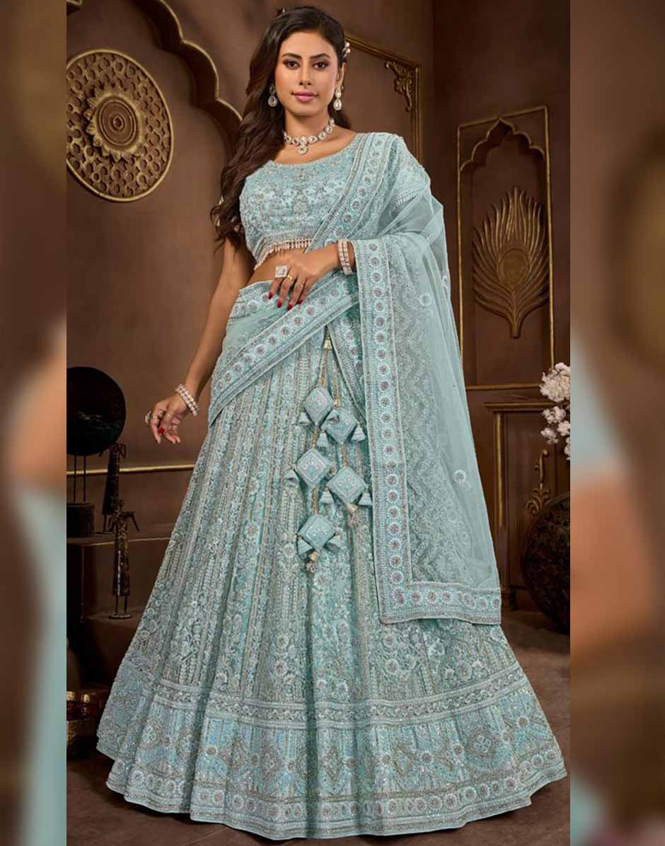 Sky Blue Net Zarkan Embroidery Lehenga Choli & Dupatta