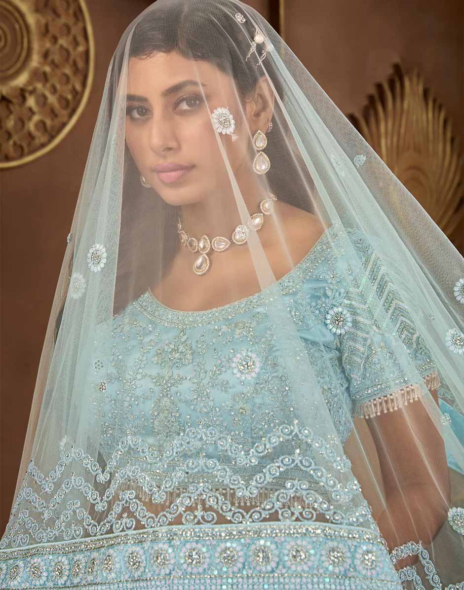 Sky Blue Net Zarkan Embroidery Lehenga Choli & Dupatta