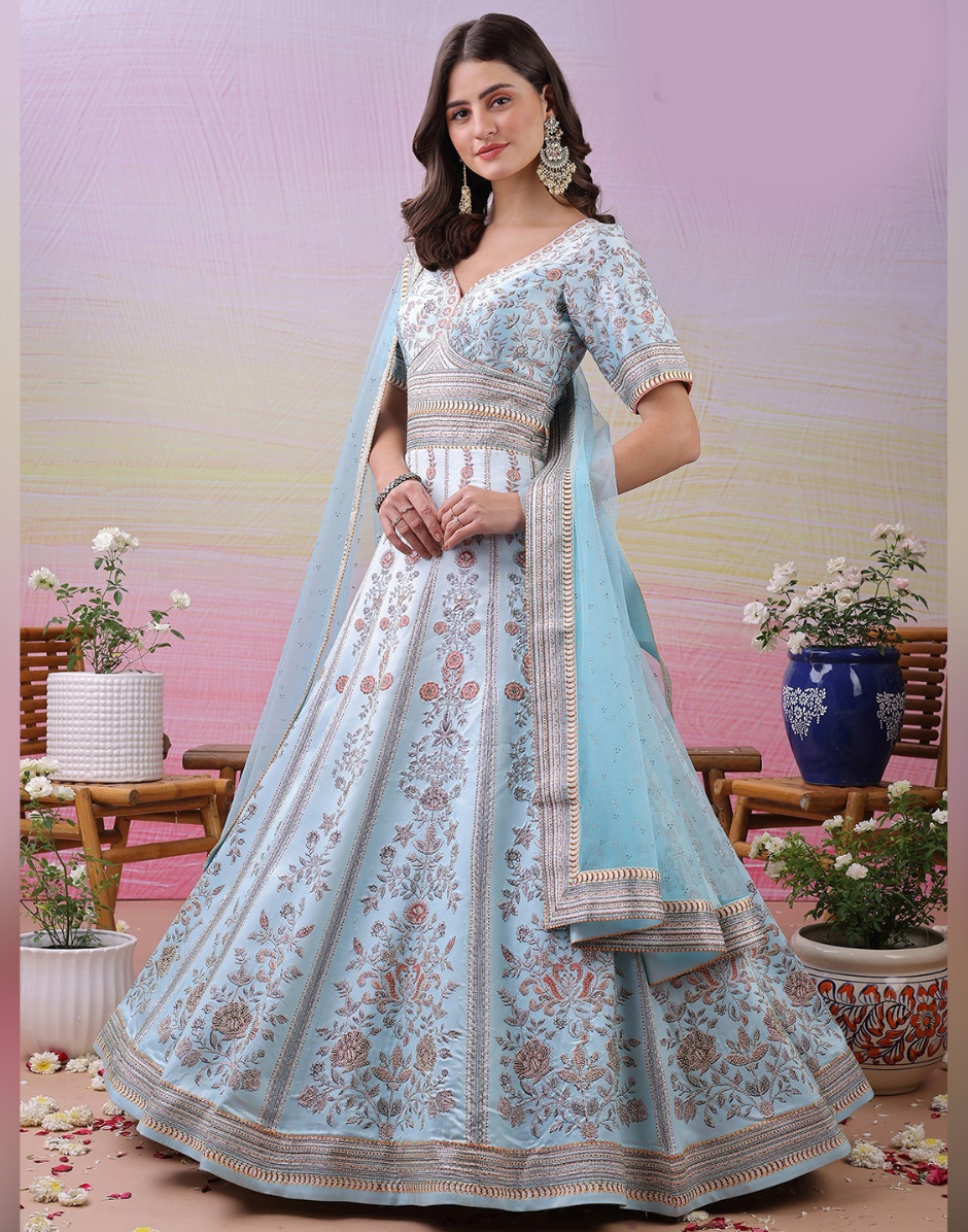 Sky Blue Satin Silk Gowns with Elegant Digital Prints & Swarovski Crystal Accents Sky Blue / L / 3 Days Sky Blue Satin Silk Gowns with Elegant Digital Prints & Swarovski Crystal Accents Sky Blue / L / 3 Days