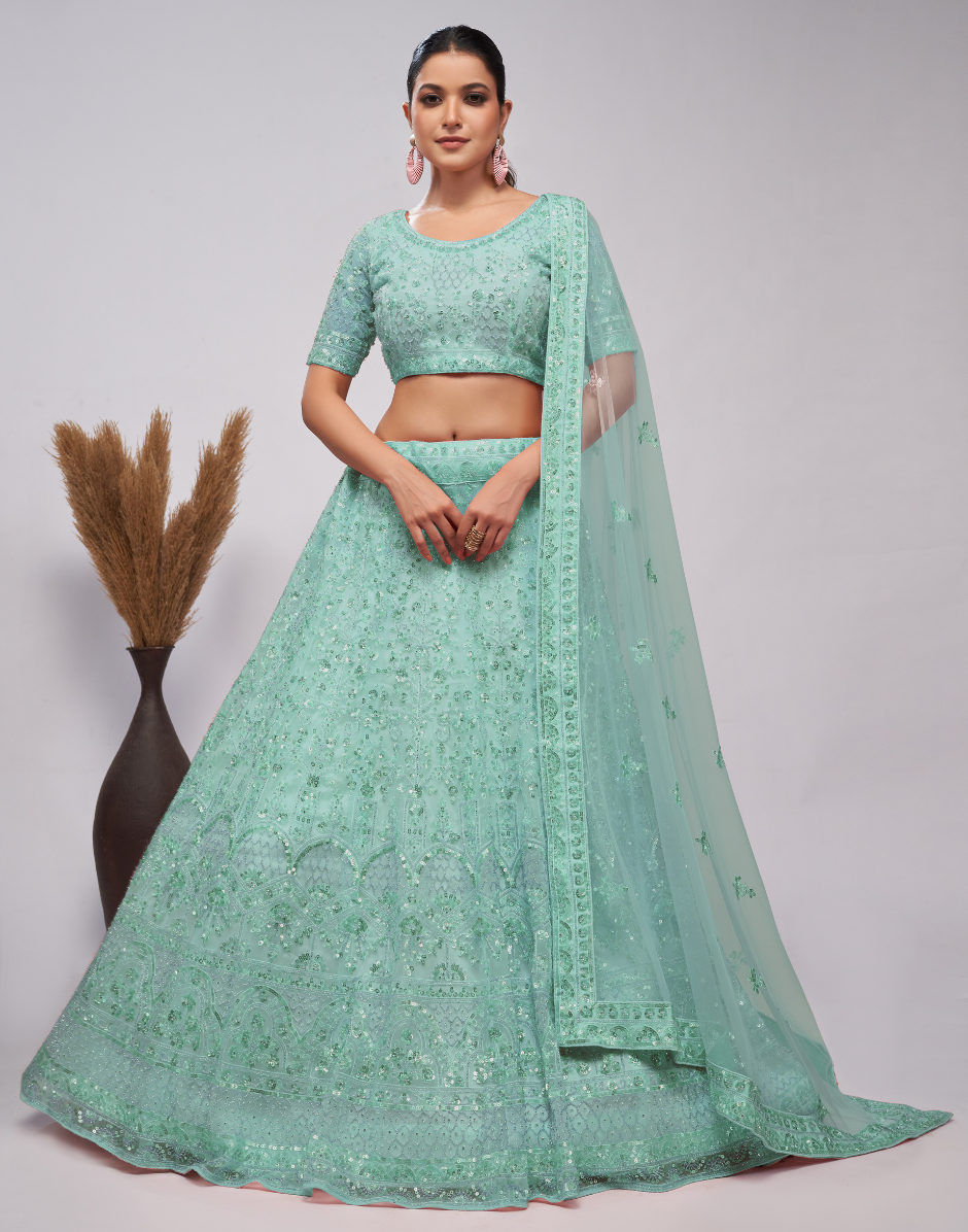 Sky Blue Sequins Adorned with Pearl And Sequins Intricate Embellishments Lehenga