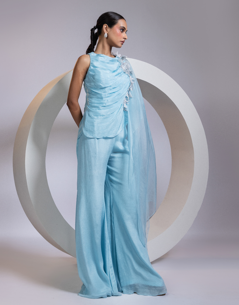 Sky Blue Two-Piece Set with Pleated Draped Top, Floral Appliqué & Flowy Palazzo Pants