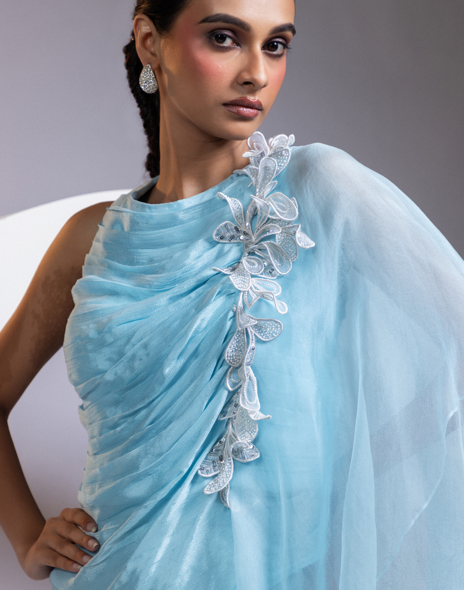 Sky Blue Two-Piece Set with Pleated Draped Top, Floral Appliqué & Flowy Palazzo Pants