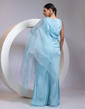 Sky Blue Two-Piece Set with Pleated Draped Top, Floral Appliqué & Flowy Palazzo Pants_2
