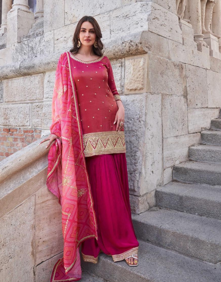 Slay the Season in Pink Embroidered Kurta Set with Palazzo and Dupatta - Buy