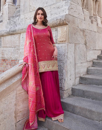 Slay the Season in Pink Embroidered Kurta Set with Palazzo and Dupatta - Buy