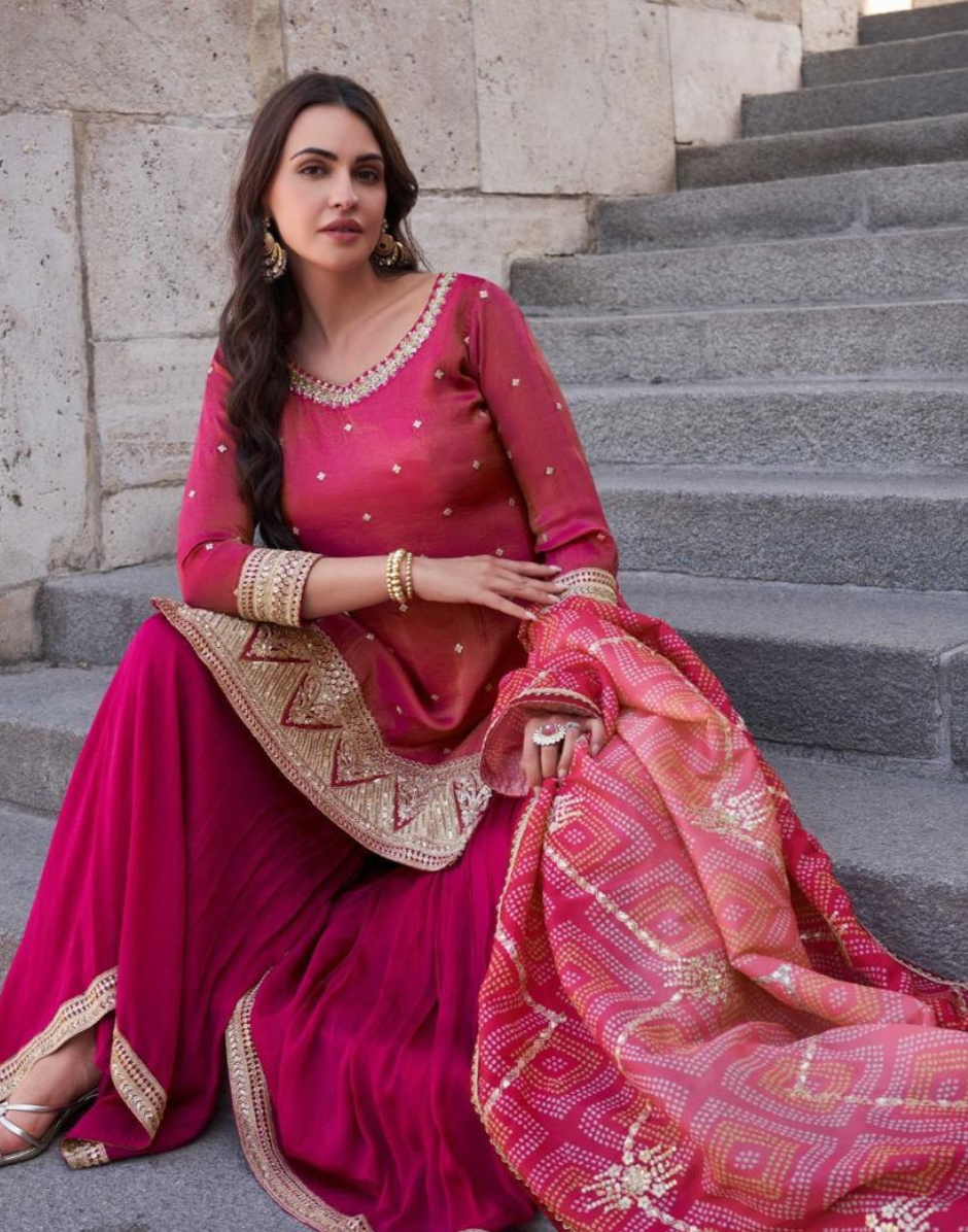 Slay the Season in Pink Embroidered Kurta Set with Palazzo and Dupatta - Buy
