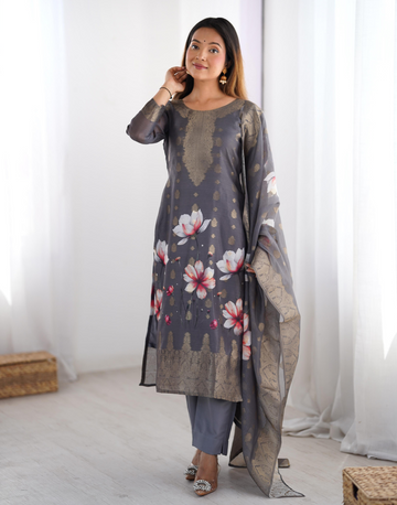 Smoky Florals Grey Chanderi Silk with Modern Print & Classic Weave
