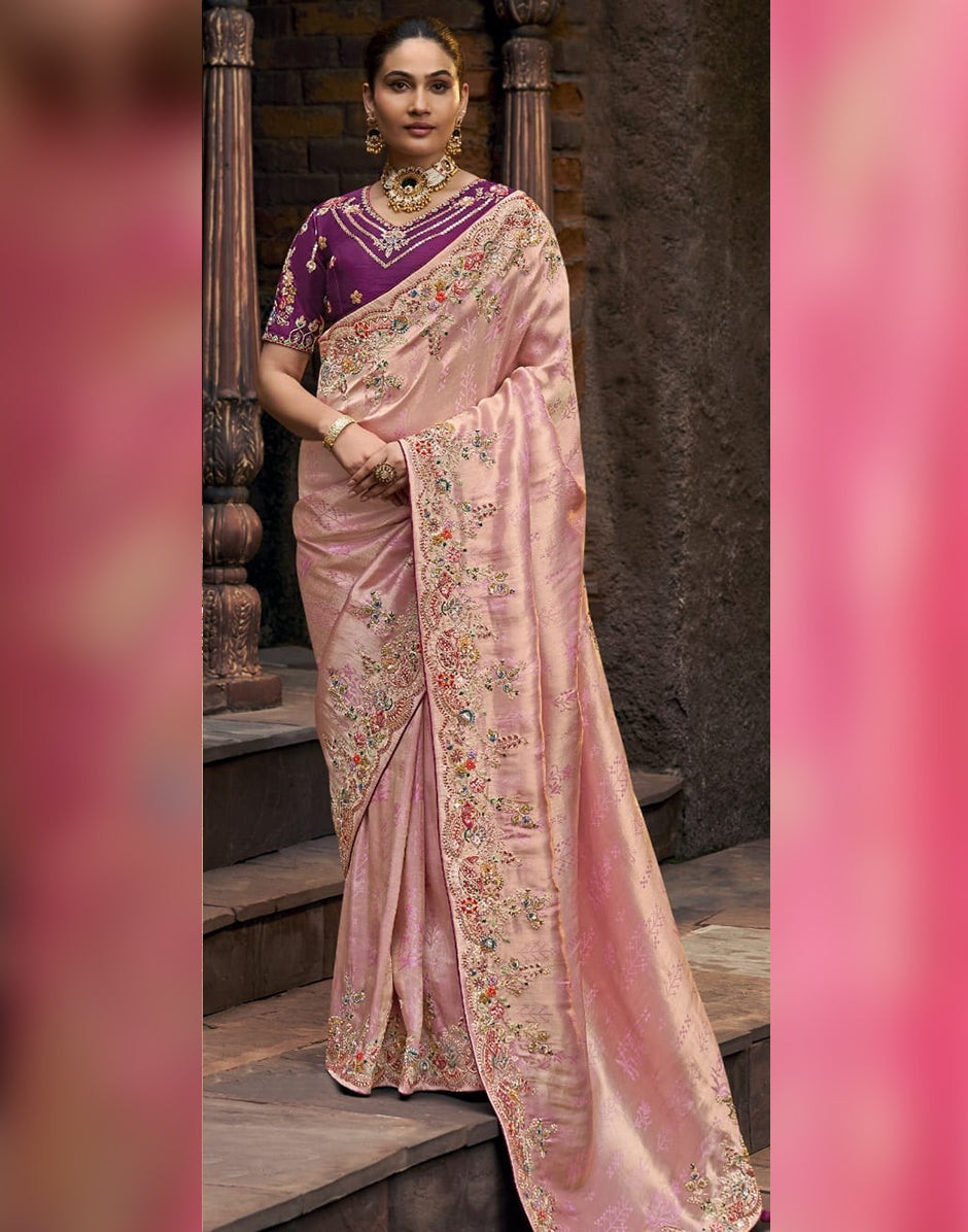 Soft Elegance with Intricate Detailing Baby Pink Self-Design Embroidered Viscose Tissue Saree
