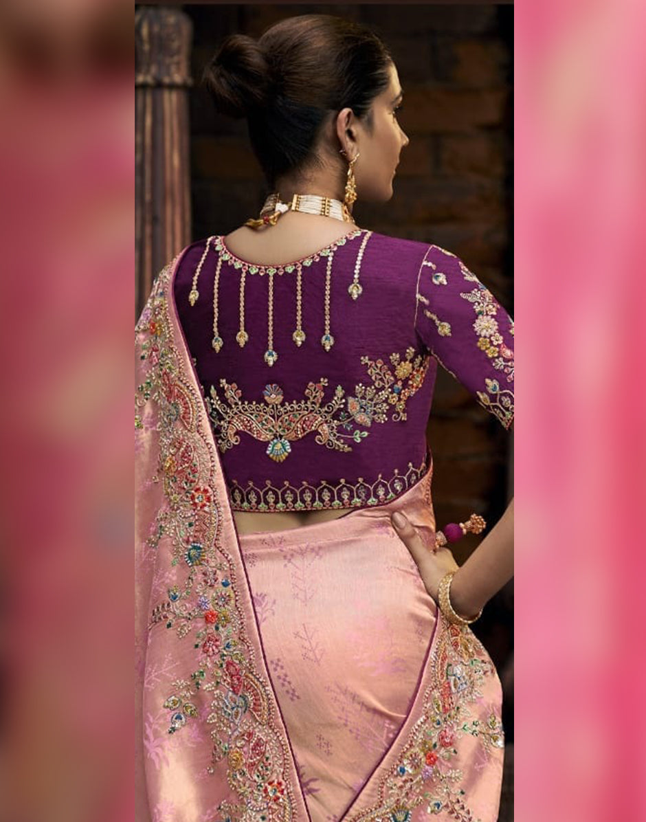 Soft Elegance with Intricate Detailing Baby Pink Self-Design Embroidered Viscose Tissue Saree