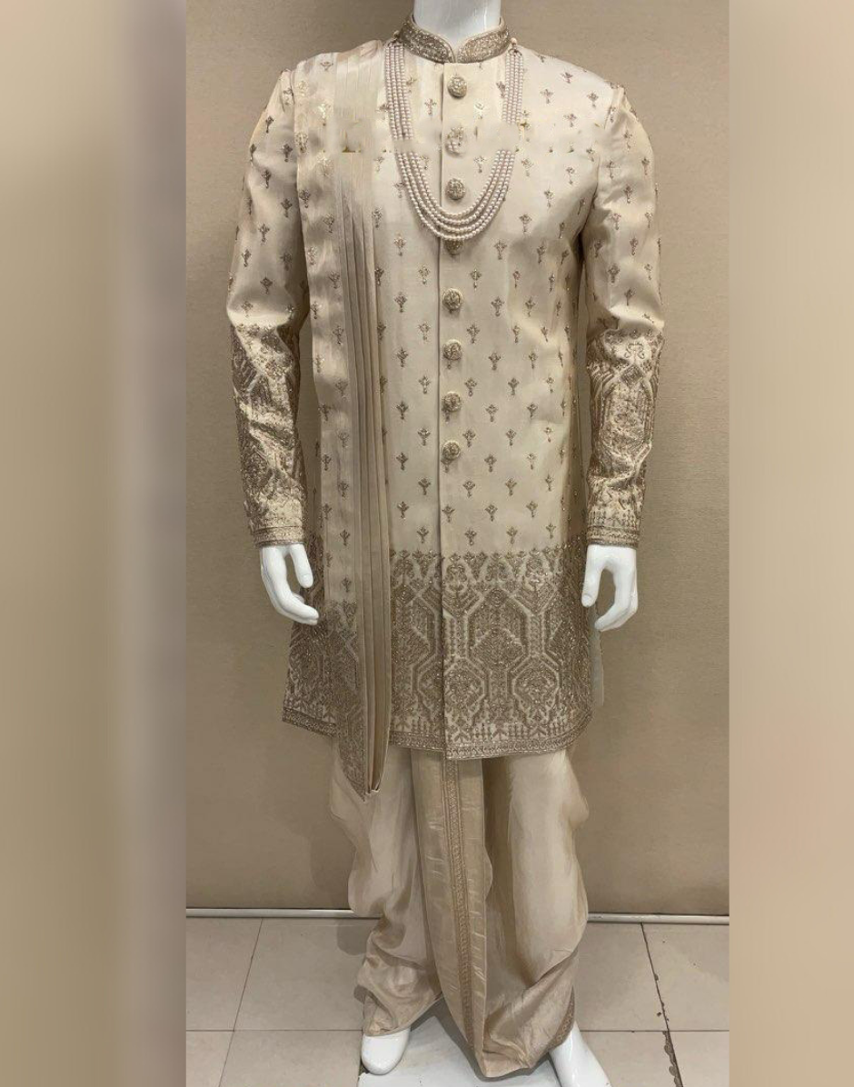 Sophisticated Gold Sherwani Set with Handcrafted Embroidery