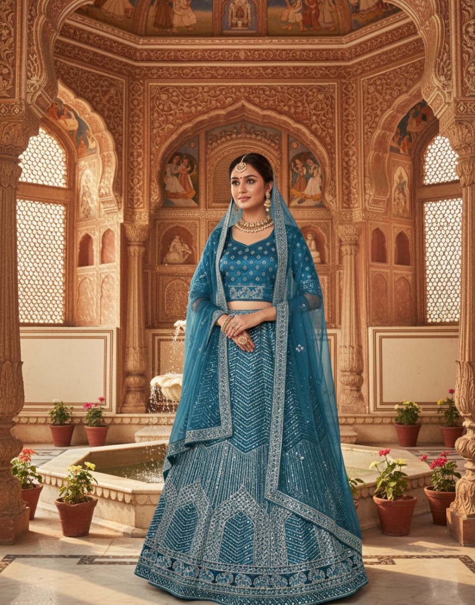 Sparkling Net Lehenga Set Hand-Embroidered with Thread Zari & Sequins Bridal Ready