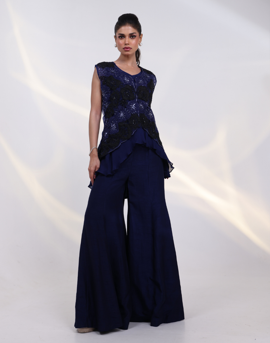 Statement Blue Three-Piece Co-Ord Set Top Bottom Asymmetric Silhouette and Embroidered Jacket