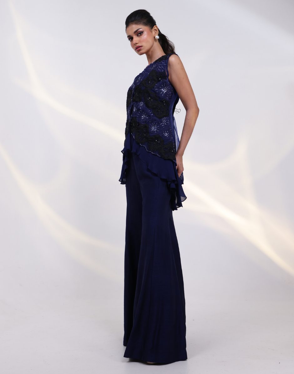 Statement Blue Three-Piece Co-Ord Set Top Bottom Asymmetric Silhouette and Embroidered Jacket_1