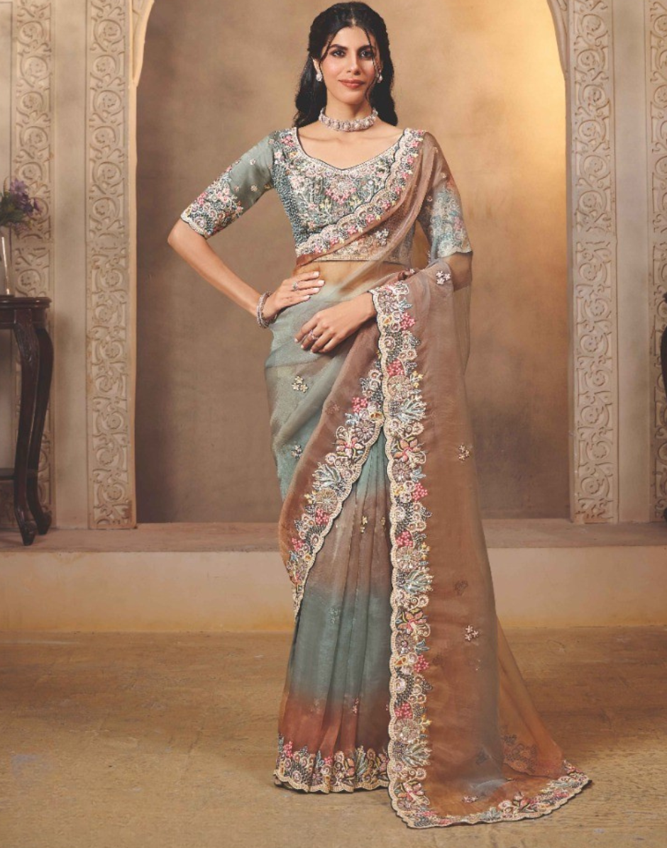 Statement Brown and Grey Ombre Saree in Organza Satin with Multi-Thread & Stone Embroidery Satin Blouse - Buy