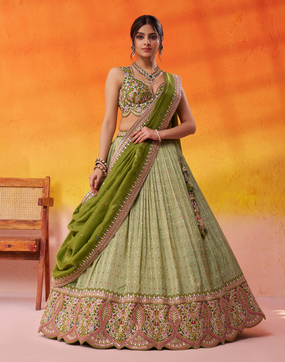 Statement Jacquard Tissue Fabric Lehenga Set with All-Over Sequin Thread Work - Buy