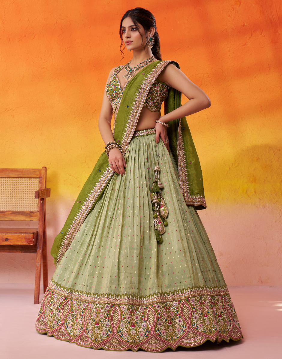 Statement Jacquard Tissue Fabric Lehenga Set with All-Over Sequin Thread Work - Buy