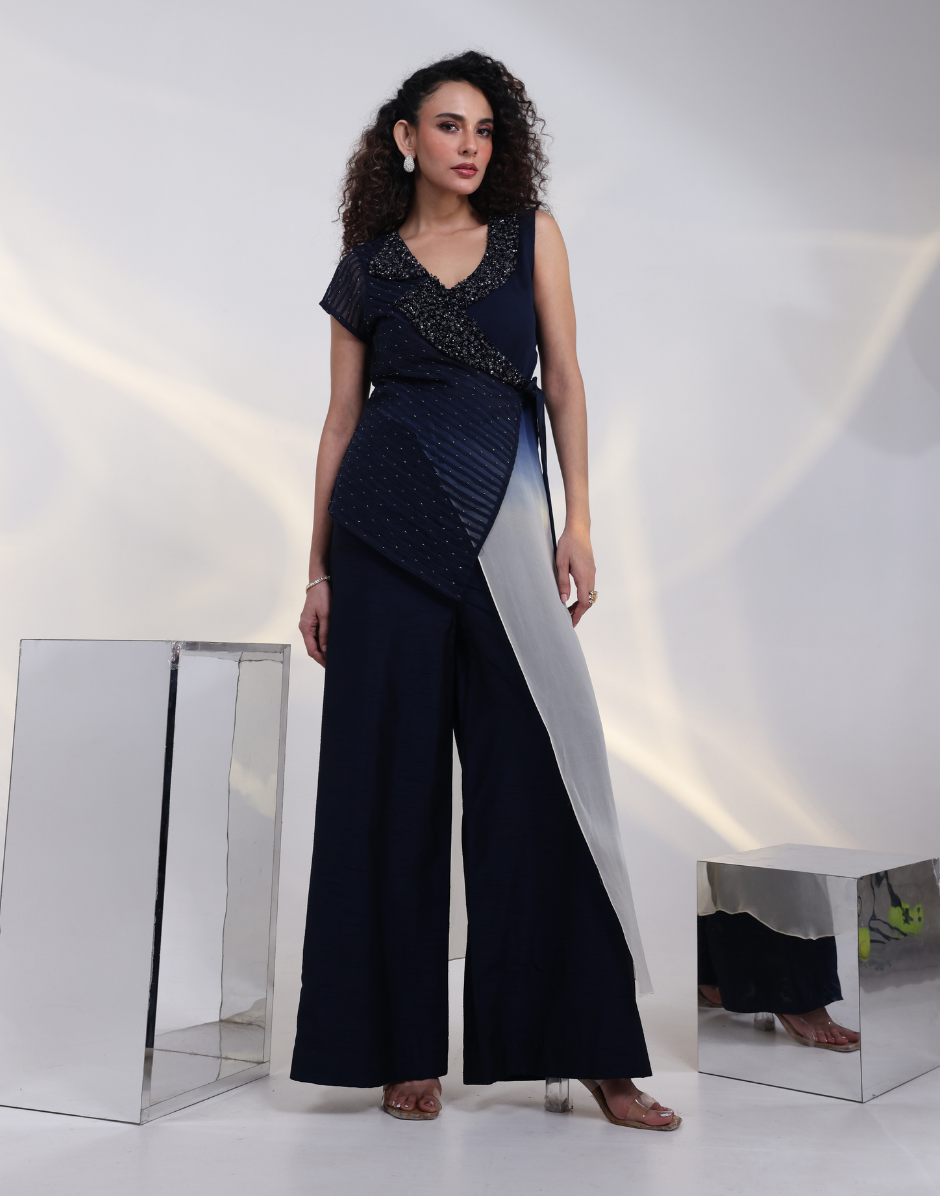 Statement Navy Ombre Wrap Jumpsuit with Beaded Floral Georgette Top, Silk Pant & Sheer Organza Cape