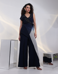 Statement Navy Ombre Wrap Jumpsuit with Beaded Floral Georgette Top, Silk Pant & Sheer Organza Cape